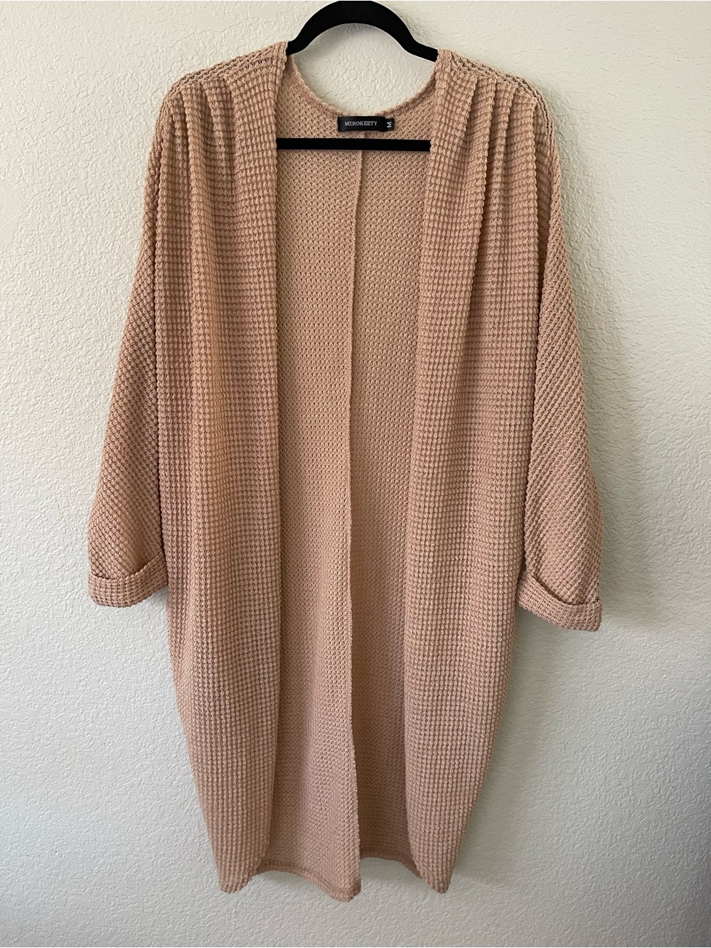 MEROKEETY Women Waffle Knit Cardigan Open Front Nude Beige Size M Slouchy Cocoon